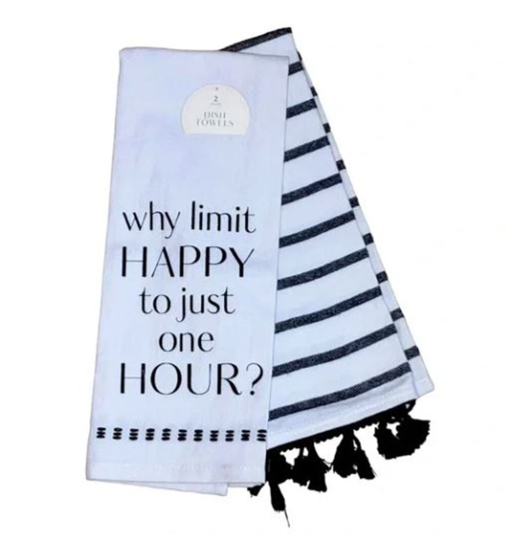 New Set of 2 Happy Hour Black White Bar Kitchen Towels